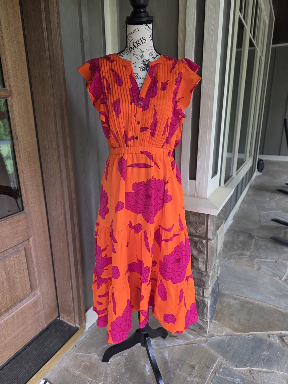 THML Orange Midi Dress with  Pink Floral Print-NWT